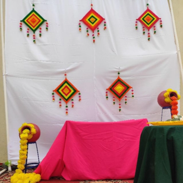 Home & Wedding Decorative Kite In Multi color. Handmade Woolen Wall Decorative Kites. Beautiful Kites For Wall Decoration And Haldi, Mehandi Ceremony Decoration. Decorate Your Party Function With Beautiful Decorative Hanging Kites.