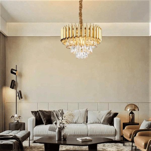 The matte gold frame with beautiful k9 crystal makes this dining room light fixture look gorgeous and elegant. The gold chandeliers K9 crystal strings have better light transmission than ordinary glass. This modern crystal chandelier combines luxury and contemporary elements with eye-catching results, this crystal chandeliers is a piece of art which presents itself in an elegant look .