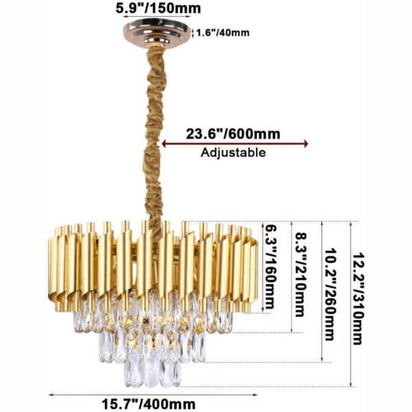 The matte gold frame with beautiful k9 crystal makes this dining room light fixture look gorgeous and elegant. The gold chandeliers K9 crystal strings have better light transmission than ordinary glass. This modern crystal chandelier combines luxury and contemporary elements with eye-catching results, this crystal chandeliers is a piece of art which presents itself in an elegant look .