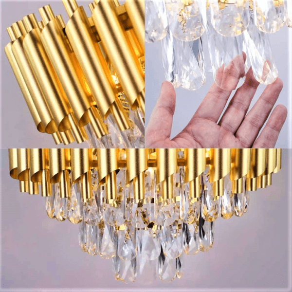 The matte gold frame with beautiful k9 crystal makes this dining room light fixture look gorgeous and elegant. The gold chandeliers K9 crystal strings have better light transmission than ordinary glass. This modern crystal chandelier combines luxury and contemporary elements with eye-catching results, this crystal chandeliers is a piece of art which presents itself in an elegant look .