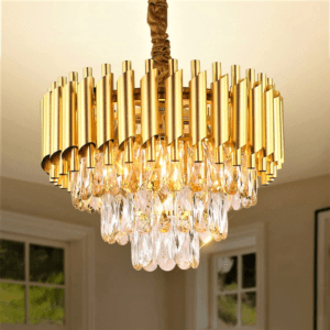 The matte gold frame with beautiful k9 crystal makes this dining room light fixture look gorgeous and elegant. The gold chandeliers K9 crystal strings have better light transmission than ordinary glass. This modern crystal chandelier combines luxury and contemporary elements with eye-catching results, this crystal chandeliers is a piece of art which presents itself in an elegant look .