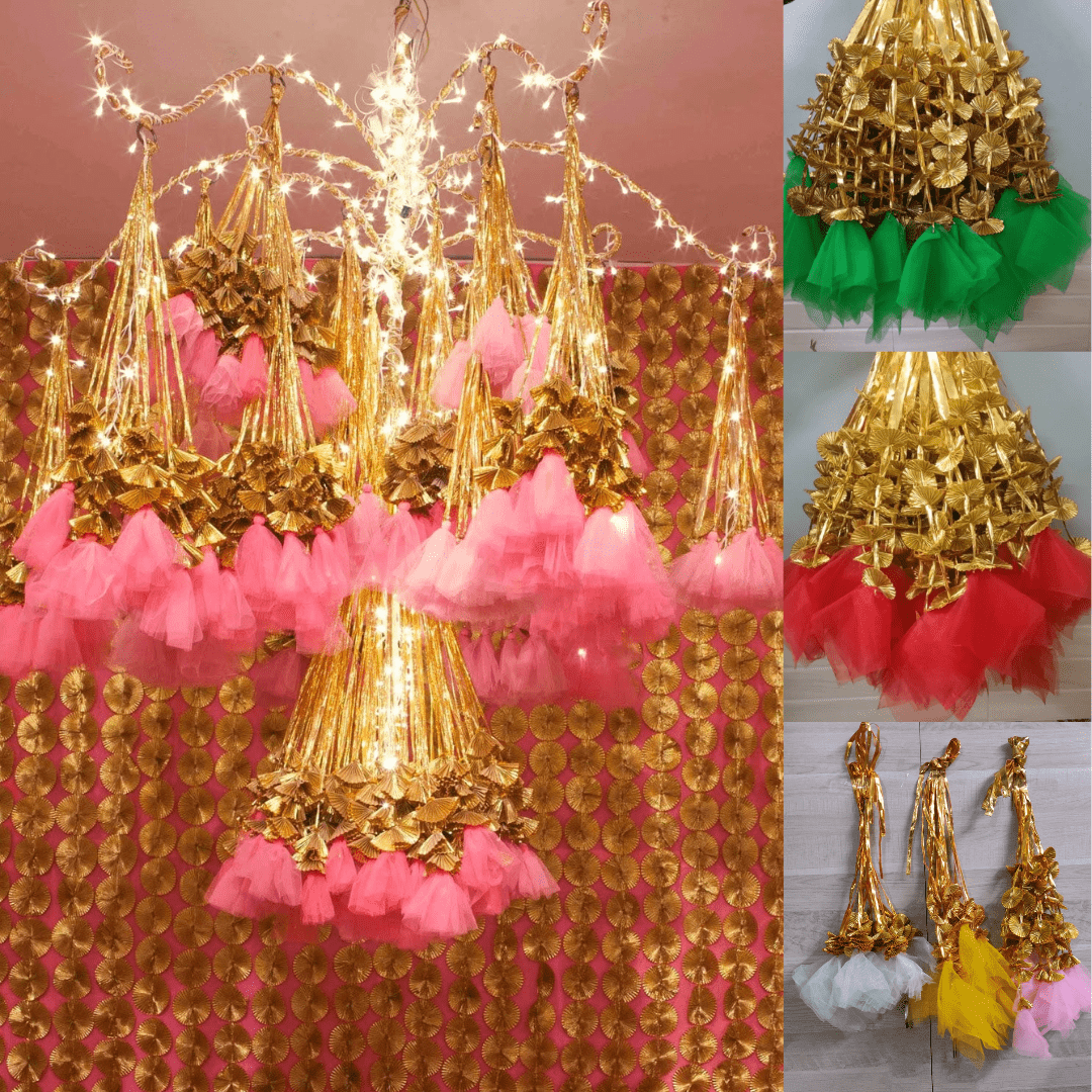 Gold Gota Garlands, Indian Wedding Decor, Mehndi Decor, Party Backdrop, New year's Eve. A beautiful bunch made of golden gota flower at the end by Desi Favors that has the power to impress! These flowers can be used for festive decor, home decor, wedding decor and other functions and events.