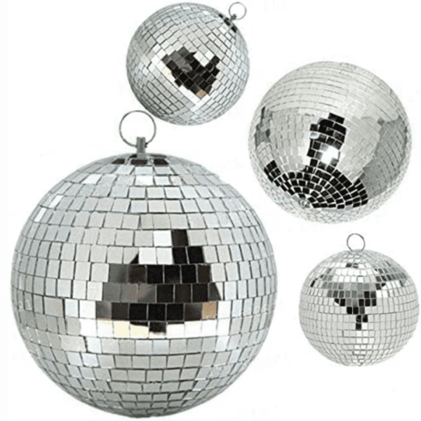 The hanging mirror ball surface is covered with tiny mirrored squares, which can reflect light on the room. Disco ball is a round object with a mirrored surface that reflects light in many directions, creating a complex display. The ball is usually pendent from the ceiling and rotates to cast reflected light on the surrounding surfaces. The surface of a disco ball is made up of hundreds or thousands of small, mirrored facets that are almost all the same size and shape. When light reflects off these mirrors, it scatters in many directions, producing a unique effect. The rotation of the mirror globe creates a profusion of moving spots.