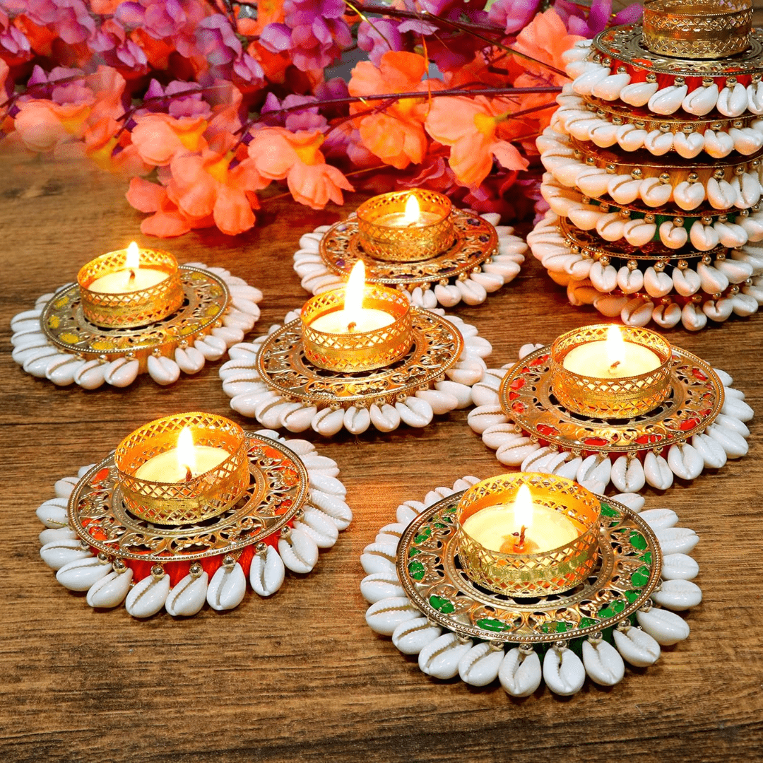 Handmade nature of these products designs and exact colour may slightly vary but loveliness comes as standard. Handmade Tealight Holder - This unique metal tealight holder is a rarely combination of high quality materials and traditional methods of hand crafting. It’s an superior option for modern home decor. Design - This is beautiful traditional decorative design religious Diya which provide a unique and vintage look of your home office puja room. Tea light candles can be replaced after every use, Looks good with burning tea lights. Multipurpose Decoration - These are perfect for adding a decorative touch to any room's decor. It can be used for Pooja, Diwali, Christmas, Festival, Home & Balcony Decoration, Spiritual lucky gift, Rangoli, Wedding, Navratri, thanks giving gift, Birthday gifts, Return gifts Made in India - All our products are designed and manufactured by our skilled artisans using indigenous techniques in India, sustainably and with locally procured material.