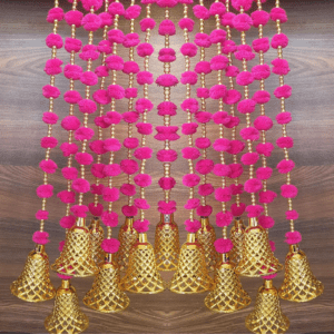 Decorate your home/doors and bring good luck to your home by these Pom Pom Flowers Garlands Torans. Pom Pom can be hanged on doors and can be used on many occasions like Corporate Gifts, Diwali Decorations , Pooja ghar, Festivals, House Warming, Wedding, Parties and inaugurations. Material: Handmade product made up of woolen pom-pom,golden beads, Chakri and golden decorative hanging bells Can be used to create strings. The wall hanging torans are long lasting and can be easily washed and reused. Can be used to create strings' curtains in living area. Looks good as wall hangings, door torans, window backdrops etc.