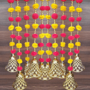 Decorate your home/doors and bring good luck to your home by these Pom Pom Flowers Garlands Torans. Pom Pom can be hanged on doors and can be used on many occasions like Corporate Gifts, Diwali Decorations , Pooja ghar, Festivals, House Warming, Wedding, Parties and inaugurations. Material: Handmade product made up of woolen pom-pom,golden beads, Chakri and golden decorative hanging bells Can be used to create strings. The wall hanging torans are long lasting and can be easily washed and reused. Can be used to create strings' curtains in living area. Looks good as wall hangings, door torans, window backdrops etc.