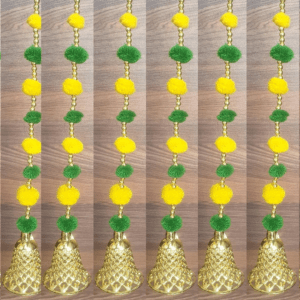 Decorate your home/doors and bring good luck to your home by these Pom Pom Flowers Garlands Torans. Pom Pom can be hanged on doors and can be used on many occasions like Corporate Gifts, Diwali Decorations , Pooja ghar, Festivals, House Warming, Wedding, Parties and inaugurations. Material: Handmade product made up of woolen pom-pom,golden beads, Chakri and golden decorative hanging bells Can be used to create strings. The wall hanging torans are long lasting and can be easily washed and reused. Can be used to create strings' curtains in living area. Looks good as wall hangings, door torans, window backdrops etc.