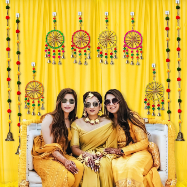 This haldi decoration set or ideal for creating a serene backdrop for religious ritual during festivals, create a stunning backdrop. As Mehndi Decoration Items for Marriage or pooja decoration items for home, haldi ceremony decoration items. Create serene pooja backdrop, Transform your space with our intricately designed puja backdrop. Effortlessly set the stage for haldi function decoration items, festival decoration items for home, mehandi decoration items. Crafted from quality materials, background decoration items ensure durability. haldi decoration items for marriage kit. Stand out backdrop with beautiful hanging for decoration that blends traditional aesthetics with modern simplicity, Making your celebration memorable & visually stunning haldi decoration items for home, puja decoration items.