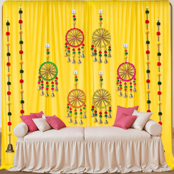 This haldi decoration set or ideal for creating a serene backdrop for religious ritual during festivals, create a stunning backdrop. As Mehndi Decoration Items for Marriage or pooja decoration items for home, haldi ceremony decoration items. Create serene pooja backdrop, Transform your space with our intricately designed puja backdrop. Effortlessly set the stage for haldi function decoration items, festival decoration items for home, mehandi decoration items. Crafted from quality materials, background decoration items ensure durability. haldi decoration items for marriage kit. Stand out backdrop with beautiful hanging for decoration that blends traditional aesthetics with modern simplicity, Making your celebration memorable & visually stunning haldi decoration items for home, puja decoration items.