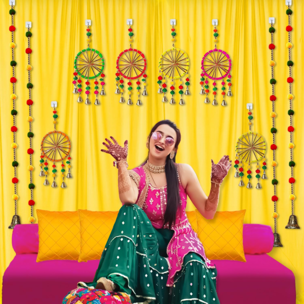 This haldi decoration set or ideal for creating a serene backdrop for religious ritual during festivals, create a stunning backdrop. As Mehndi Decoration Items for Marriage or pooja decoration items for home, haldi ceremony decoration items. Create serene pooja backdrop, Transform your space with our intricately designed puja backdrop. Effortlessly set the stage for haldi function decoration items, festival decoration items for home, mehandi decoration items. Crafted from quality materials, background decoration items ensure durability. haldi decoration items for marriage kit. Stand out backdrop with beautiful hanging for decoration that blends traditional aesthetics with modern simplicity, Making your celebration memorable & visually stunning haldi decoration items for home, puja decoration items.
