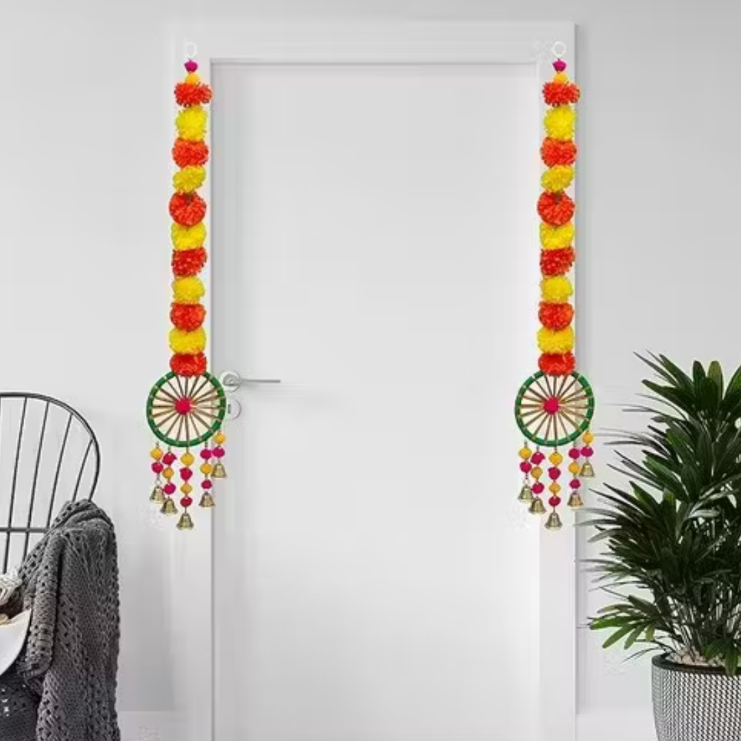 Rajsthani Wall Door Hangings, Pooja ghar Wall Decoration Hanging. Stage Hanging Decoration, Hanging Flower marigold Garland, Rajsthani Hangings. Marigold Wall Hangings With Rajsthani Dream Catcher Single Chakri With Gotaa And Five Tassels With Bells.